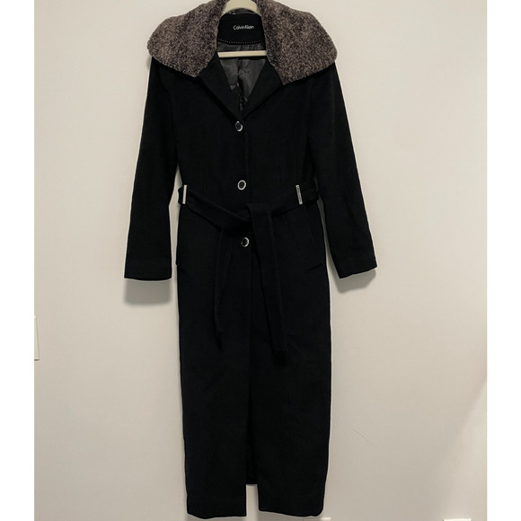 Calvin Klein Long Wool Black Overcoat Faux Fur Collar & Belt Women's Size 4 - Picture 1 of 7